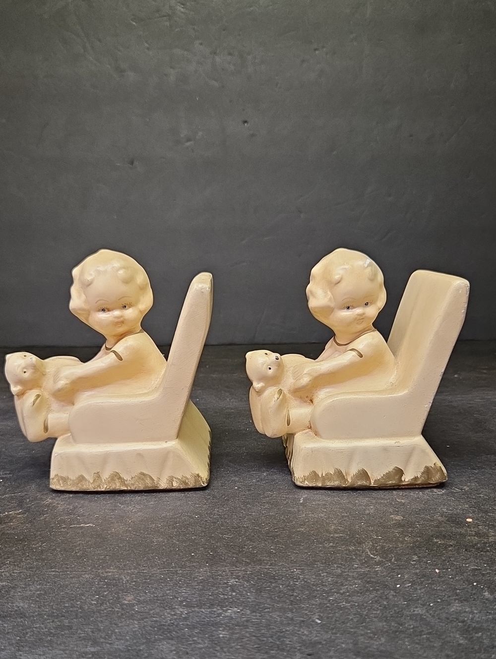 Vintage Coventry Ware Chalkware Bookends #3123 Girl In Chair With Teddy Bear